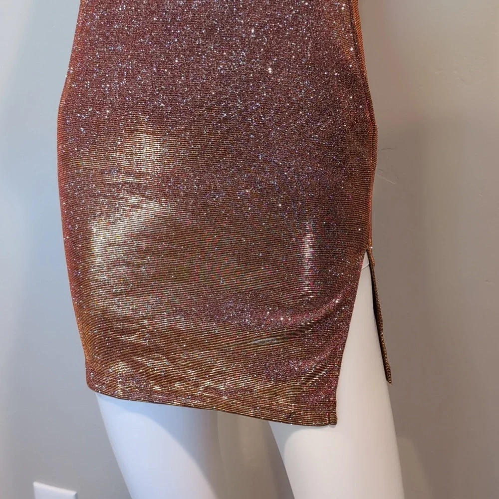 SHEIN Golden Copper Sparkly Strapless Bodycon Mini Party Dress With Slit Size XS